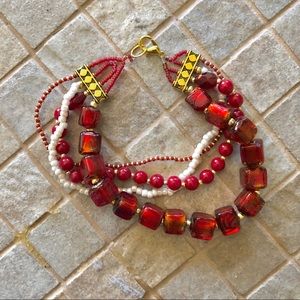 OOAK Vintage Red Glass Beads Layered Bracelet